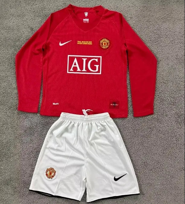 Conjunto retro de manga larga para niños del Manchester United 2007/2008