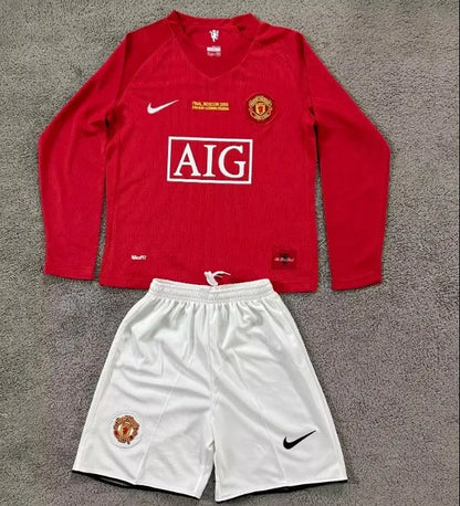Conjunto retro de manga larga para niños del Manchester United 2007/2008